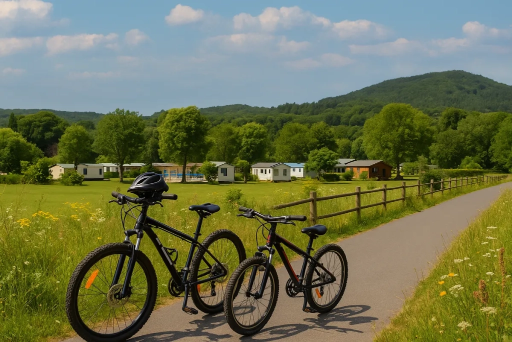 Vélos adulte et enfant sur une piste cyclable bordée de verdure, près de mobil-homes au Camping Lestap, en direction de la Voie Verte Passa Païs